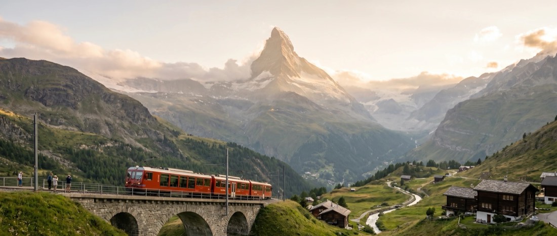 A red train below the Matterhorn, Switzerland
